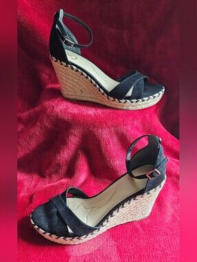 Circus by Sam Edelman Black Suede Ankle Strappy Wedge Heel Sandals - Size 9.5